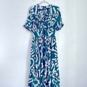 Busayo Tomi 100% cotton batik short sleeve V neck hi low hem maxi dress sz S